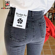 AEMAPE高腰弹力牛仔裤紧身显瘦夏天薄款小脚裤女韩版时尚铅笔裤九分裤潮 灰蓝色长裤 34 建议160-170斤