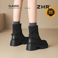 ZHR厚底短靴女复古显瘦堆堆裤管靴增高英伦加绒马丁靴女KN261A黑色35