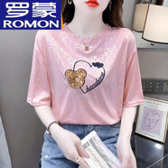 罗蒙（ROMON）宽松炫彩冰丝亮片刺绣短袖T恤女韩版上衣潮2024新款百搭夏季体恤 粉色 S (建议80-95斤)