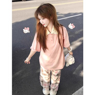 LDBE学院风粉色polo领短袖t恤女夏季宽松设计感小众碎花拼接撞色上衣 粉色 M 95斤内