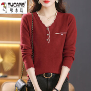 啄木鸟v领针织衫女上衣秋季2026新款宽松洋气小衫薄款外穿毛衣打底衫女 红色【版】 M 建议95-110斤