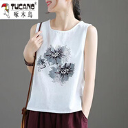 啄木鸟纯棉文艺范棉麻背心女纯色印花显瘦无袖圆领衫百搭吊带背心夏 白色 XL 建议110-125斤
