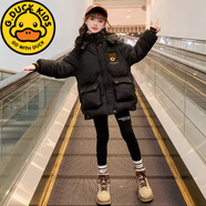 G.duck女童棉服中长款2024冬装中大童5-15女孩棉衣韩版棉袄加厚保暖卡通 黑色 120 cm适合110-120cm年龄5-6岁