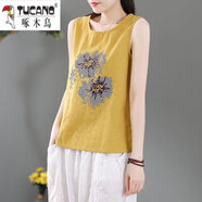 啄木鸟纯棉文艺范棉麻背心女纯色印花显瘦无袖圆领衫百搭吊带背心夏 姜黄色 XL 建议110-125斤