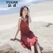 拓涩（TUOSE）连衣裙 香港潮牌夏季新品中长款法式复古红色波点性感露背抹胸吊带连衣裙 红色 XS