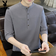 花花公子（PLAYBOY）纯棉七分袖t恤男士短袖夏季薄款中国风男装潮流百搭立领半袖衣服 1899灰色 2XL