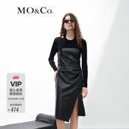 MO&Co.蛋白皮拼接立裁小黑裙长袖连衣裙法式高级穿搭气质裙子moco 黑色 XS/155