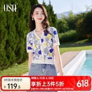 欧莎（OSA）小清新爱心提花针织衫女夏季新款宽松显瘦薄款v领短袖T恤上衣 蓝色 M