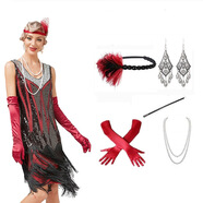 康美诗流苏连衣裙盖茨V领欧美舞会亮片无袖1920s新款女装比复古晚礼服 红色 XS