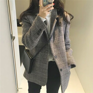 AC-AICHEN薄款格子小西装上衣外套女秋冬季新款大衣韩版宽松显瘦长袖西服潮 咖啡01 款 常规 S 80--95斤