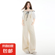 美式街牛仔背带裤女夏季2025新款宽松复古腰直筒小个子阔腿裤 米白色 703 背带裤 XS