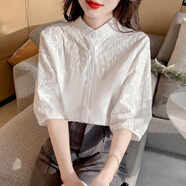 Radinka2025夏新款复古衬衫女短袖气质设计感高级镂空蕾丝衫显瘦上衣XNE 刺绣花镂空衬衣 白色 M