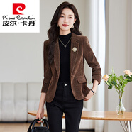 皮尔卡丹（pierre cardin）酒红色金丝绒西装外套女2025新款春秋小个子高级感休闲小西服套装 深咖色 S