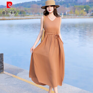 皮尔卡丹（pierre cardin）新款法式棉绸连衣裙女夏季无袖背心裙高级感纯色海边度假沙滩长裙 焦糖 2XL 建议110-125斤