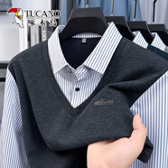 啄木鸟假两件衬衫男2025新款秋冬季潮流条纹长袖T恤羊毛针织打底衫毛衣 黑灰 M