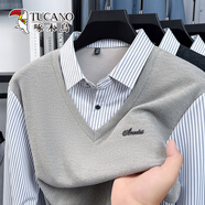 啄木鸟假两件衬衫男2025新款秋冬季潮流条纹长袖T恤羊毛针织打底衫毛衣 米色 L