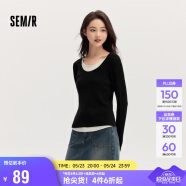 森马毛衣女拼色假两件毛衫修身春秋圆领套头衫显瘦109524107002
