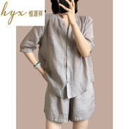 恒源祥时尚休闲棉麻短裤套装女大码妈妈夏装亚麻苎麻衬衫上衣两件套大牌 灰色 3XL [150-170斤][感超好