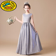 G.DUCKKIDS夏季女童黑色晚礼服2025新款模特走秀服女孩长裙主持人无袖公主裙 银紫色+水钻腰带 160 cm