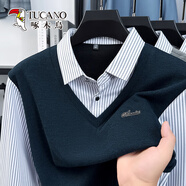 啄木鸟假两件衬衫男2025新款秋冬季潮流条纹长袖T恤羊毛针织打底衫毛衣 兰色 L