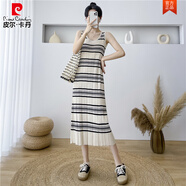 皮尔卡丹长款休闲条纹针织背心连衣裙女春夏新款法式显瘦无袖打底吊带裙 杏条纹 S (建议75-90体重 )