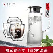 NAPPA耐高温玻璃冷水壶家用大容量套装北欧耐热茶壶冰箱冷泡柠檬凉水壶 1壶6杯_-__双层杯雕花竹 250ml