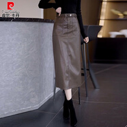 皮尔卡丹pu皮裙半身裙女2025新款秋冬裙子高腰中长款直筒一步包臀裙中长裙 咖色（无腰带） A区1548 S 95斤以下