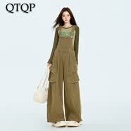 QTQP牛仔阔腿吊带连体裤女2026春季新款遮肉高腰宽松卡其色工装背带裤 卡其色 L