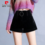皮尔卡丹（pierre cardin）高腰阔腿黑色大码短裤女2025新款宽松韩版秋冬铆钉金丝绒时尚靴裤 0.301黑色 S 80斤~95斤