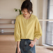 熙世界白色天丝衬衫女2025秋季新款独特别致绣花七分袖衬衣女装上衣 莺尾黄 S