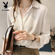 花花公子（PLAYBOY）夏装雪纺衬衫上衣女长袖韩版大码胖mm200斤设计感OL职业面试衬衣 白色 XL 适合120-130斤