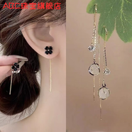 ABC老凤凰999纯银足银黑色四叶草流苏耳线耳环女款轻奢耳饰气质耳线 207/64四叶草耳线+金色猫眼石耳