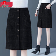 皮尔卡丹秋冬中长裙毛呢半身裙女秋装新款大码女装高腰性感开叉包臀裙裙子 【5072#】黑色格子 M 【建议105斤内】