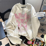 阿玛瑟100%纯棉面料美式高街印花圆领卫衣男生潮流潮百搭宽松秋冬重磅长 纯棉A2-63-圆领-浅灰 薄款 S