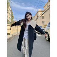 妹丫2025冬季复古加厚慵懒风大翻领中长款羊羔毛绒牛仔外套女大衣百搭 黑色 M