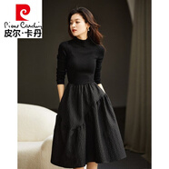 皮尔卡丹（pierre cardin）赫本风修身蓬蓬裙秋冬新款收腰显瘦黑色针织拼接打底连衣裙女 黑色长 袖 M 【建议85-100斤左右】