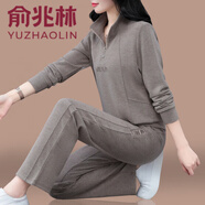 俞兆林妈妈秋装运动套装女2026新款春秋中老年时尚女装半拉链卫衣两件套 卡其 XL (建议110-125斤)