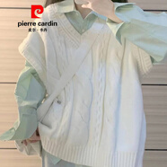 皮尔卡丹（pierre cardin）小清新学院风白色毛衣马甲女春秋针织背心jk日系叠穿衬衫两件套装 两件套白色V领马甲+绿色长袖衬衫 L