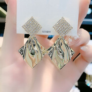 露若时尚水钻金属菱形耳环韩式风格几何耳环设计925银针耳环耳饰 金色 