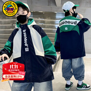 G.DUCKKIDS小黄鸭男童外套春秋季新款洋气儿童冲锋衣中大童男孩秋装连帽风衣 拼色字母绿色 170 尺码15~16岁【160-170cm】