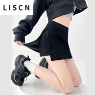LISCN美式复古甜辣麂皮绒开叉设计感半身裙女秋冬季小个A字包臀短裤裙 黑色 S