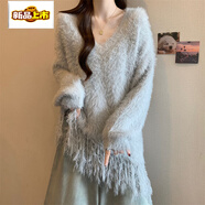 初径水貂绒流苏毛衣女冬季大码胖中长款毛绒绒针织衫打底衫上衣 灰色毛衣 M (80-100斤)【美式复古/梨形身材穿搭/短上