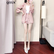 QIYUN小西装短裤两件套春夏新款韩版刺绣修身显瘦时尚套装女潮 粉色两件套 S(建议100斤内)