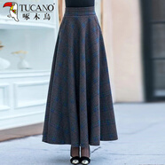 啄木鸟冬装新款长裙冬裙大尺码女装毛呢半身裙a字裙秋装长款裙子女百褶 【5071#】蓝格 XL 【建议120-130斤】