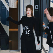 哦咯赵露思同款黑色长袖针织衫女秋装2025新款毛衣设计感花卉开叉马夹 黑色花朵马夹 S