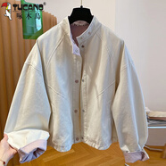 啄木鸟（TUCANO）韩国感立领夹克牛仔外套女春秋装2025新款宽松休闲短款上衣 米白色 S 建议体重90-105斤 卡码拍小