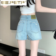 夏典素订女王（SE.PSTP）辣妹浅色牛仔短裤女夏季薄款高腰宽松显瘦小个子大尺码阔腿a字热 浅蓝色 XL (建议119-128斤)