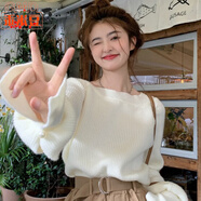 乖米豆设计感小众个子露肩毛衣女春秋外穿软糯宽松慵懒风短款针织衫上衣 奶白色(洋气时尚/慵懒风/今年流 L