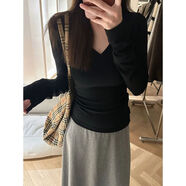 妃丽慕尚百搭v领长袖t恤女早秋冬季加绒白色内搭打底衫修身显瘦正肩上衣服 【加绒厚款】B1568黑色 S 建议90斤以内