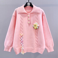 梦凡逸大童毛衣女12-15岁小清新学院风polo领毛衣女秋冬2025新款宽松设 粉色【商场款】 155 M 95-110斤